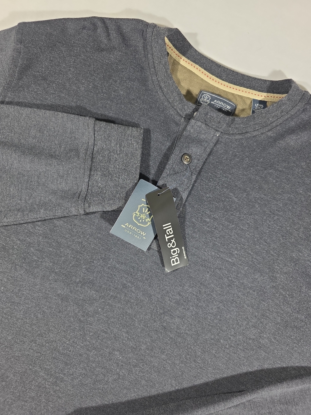 Arrow Big & Tall Heather Charcoal Henley Long Sleeve Shirt